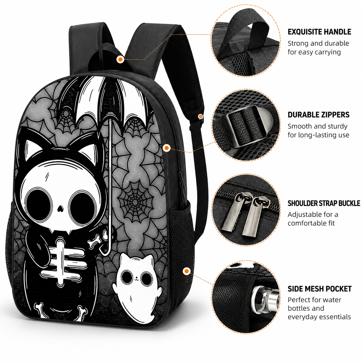 Halloween Gothic Skeleton Cat Backpack Set – 1/2/3PCS Backpack, Crossbody Bag & Pencil Case