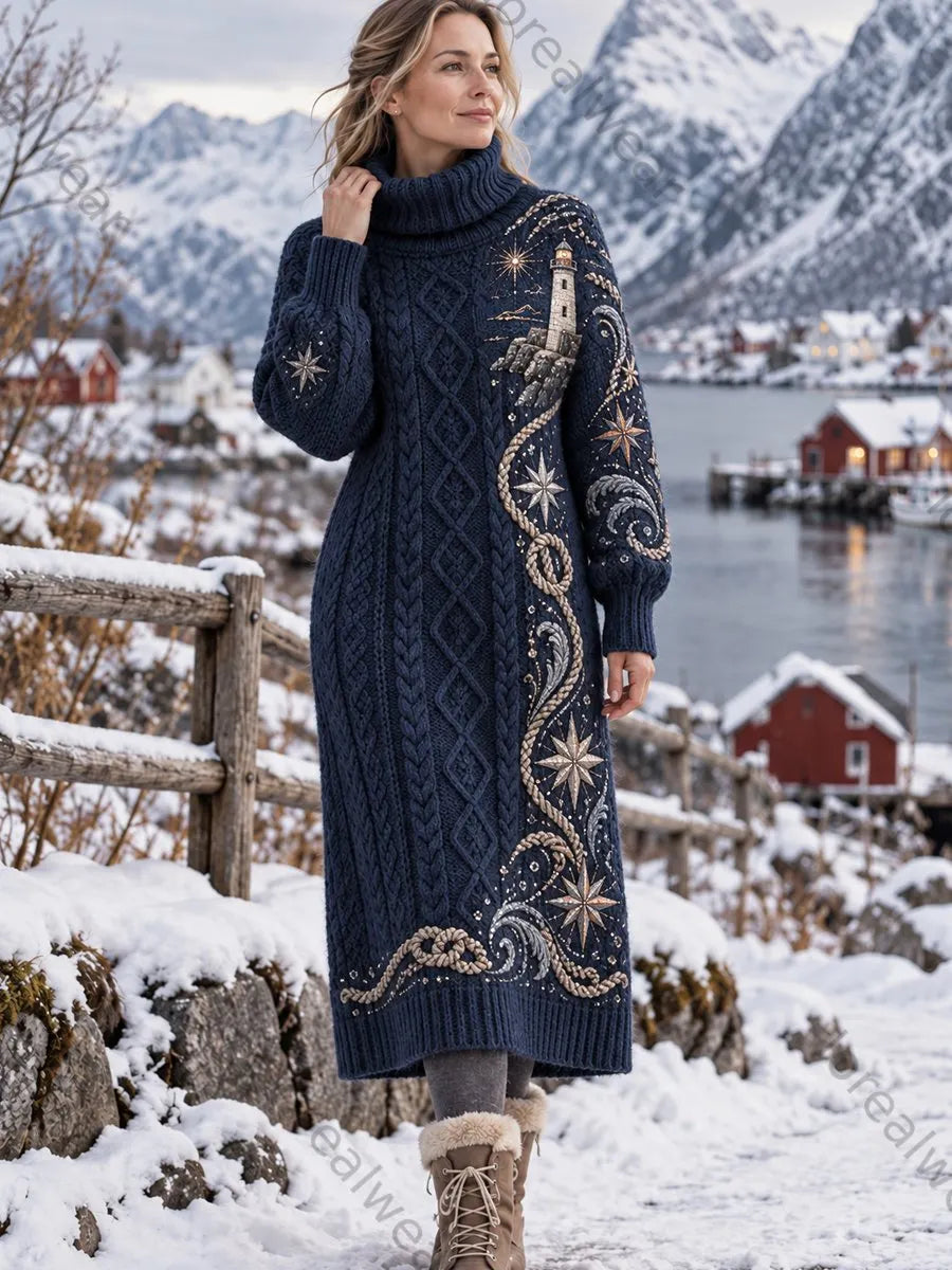 Women's Retro Nordic Coastal Art High-Neck Dress