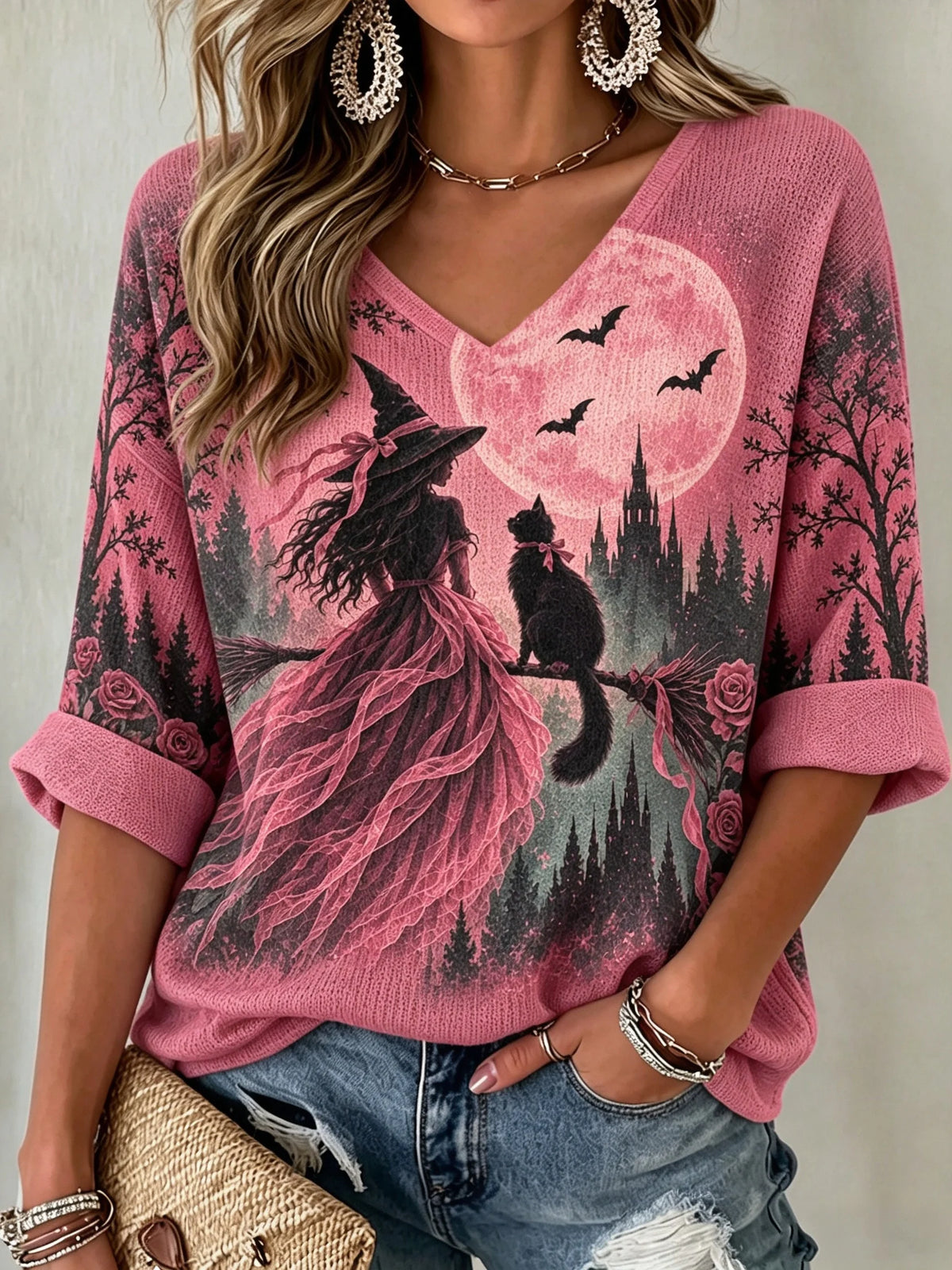 Women's Pink Witch Graphic Casual Top