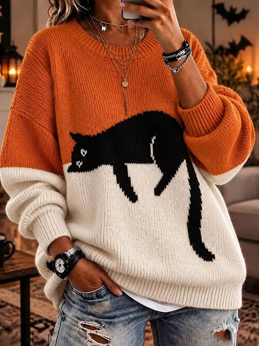 Women's Funny Cute Cat Art Crew Neck Sweater