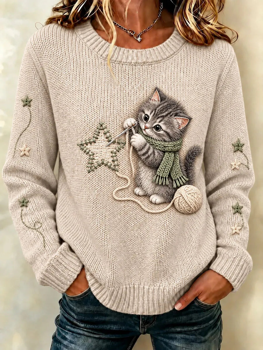 Women's Cute Kitten Yarn Ball Graphic Sweater