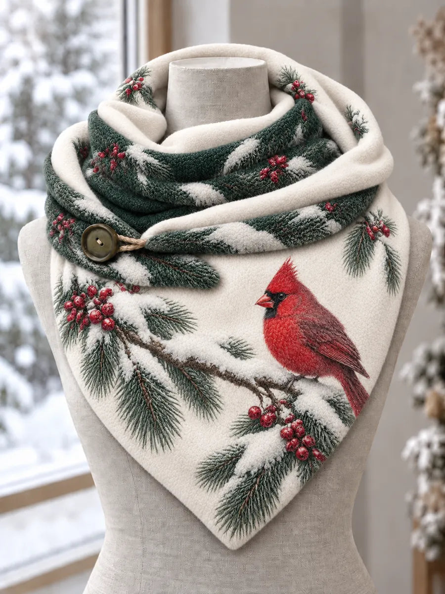 🐦🌲 Winter Red Cardinal & Snowy Pine Plush Fleece Triangle Scarf