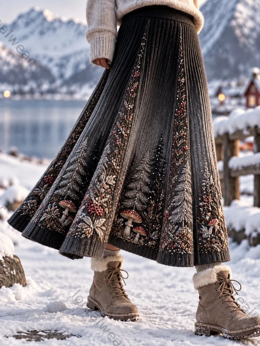 Women's Retro Nordic Forest Mushroom-Print Artistic A-Line Skirt
