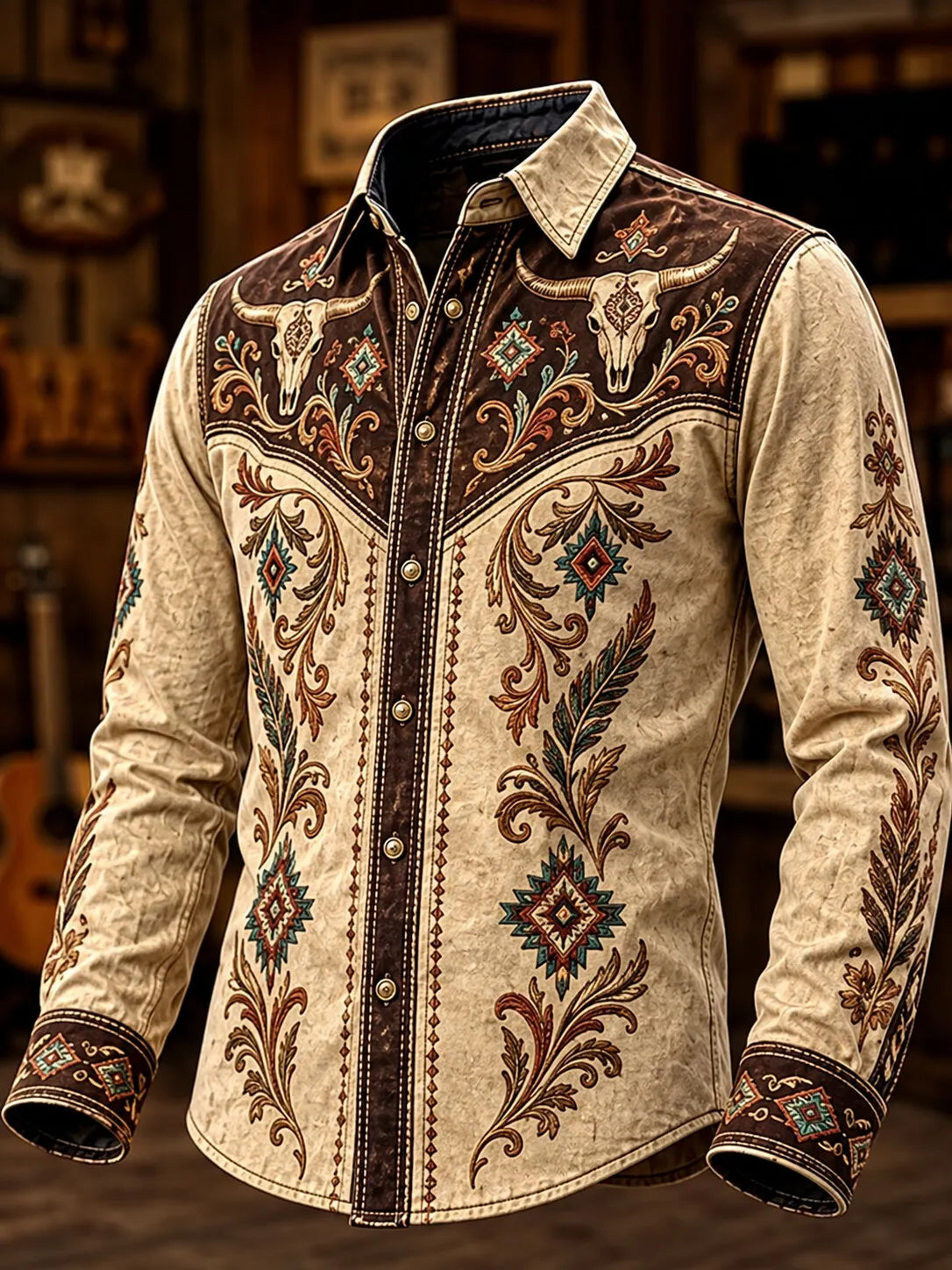 Men's Vintage Western Native Diamond Geometric Tribal Patterns Print Long Sleeve Shirt