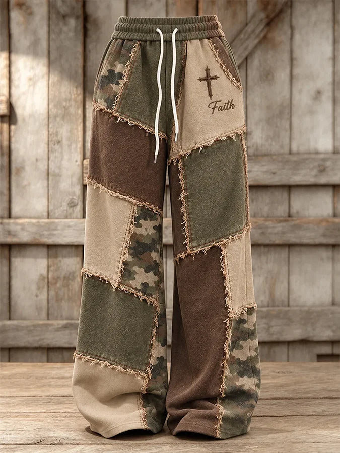 Women's Retro Camouflage Cross Pattern Patchwork Print Casual Sports Pants