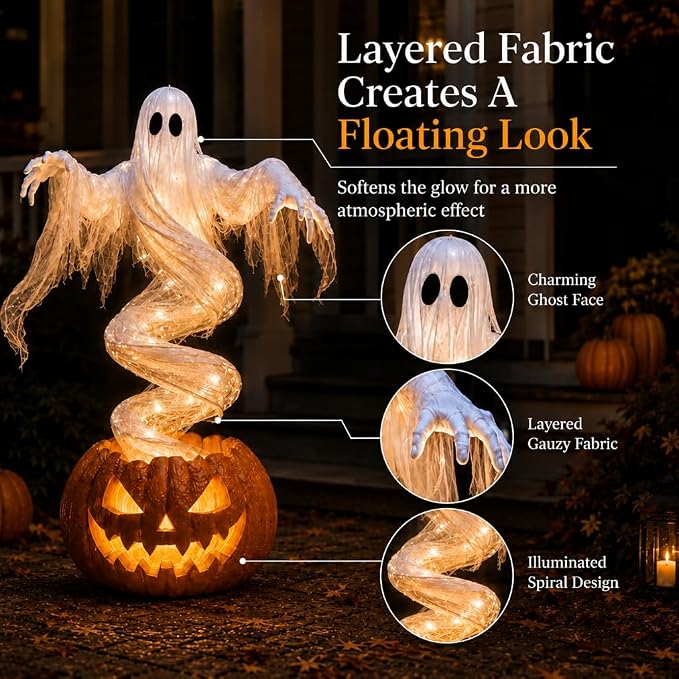 ๐ Halloween Swirling Ghost Pumpkin Light โ LED Outdoor Yard Stake Decoration
