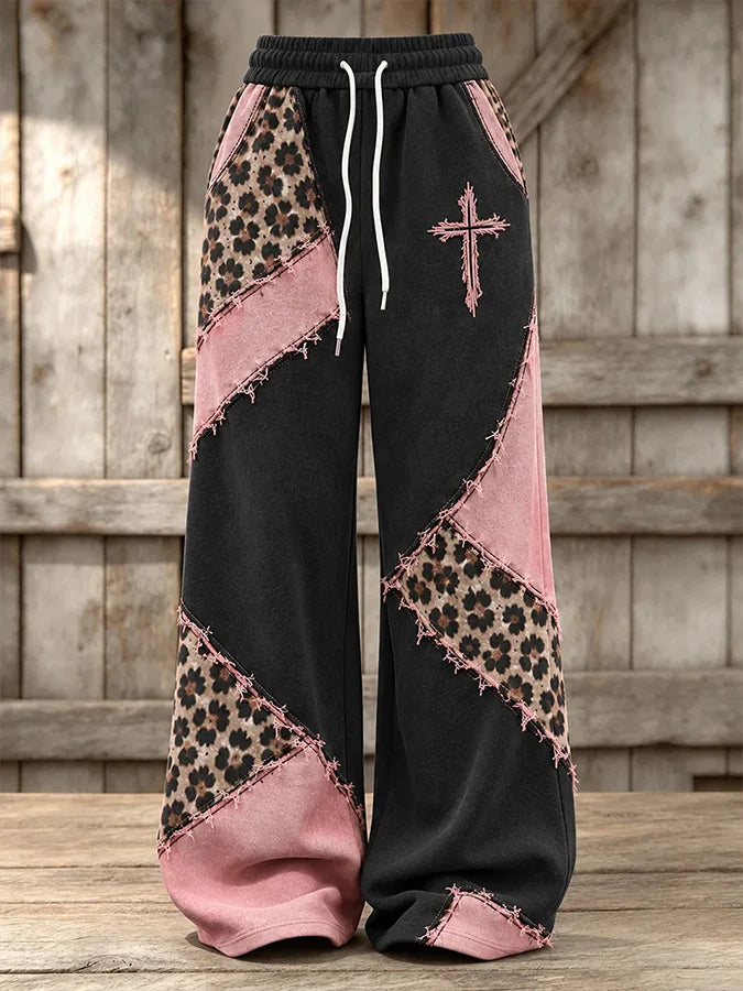 Women'S Retro Leopard Print Cross Print Pants With Patchwork Design