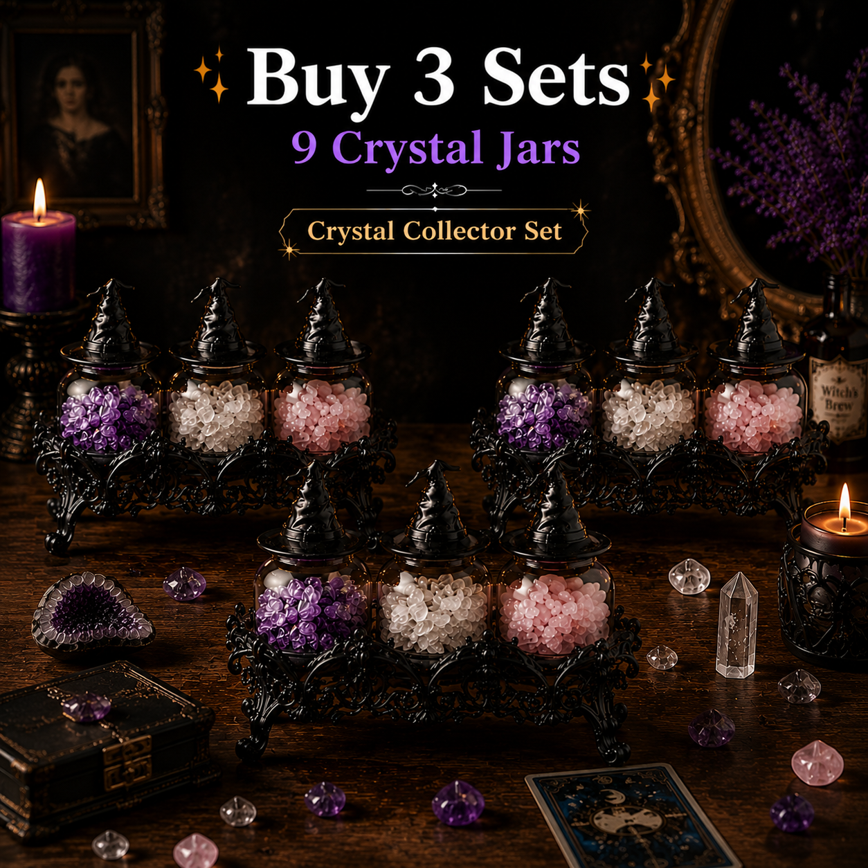 Crystal Apothecary Jar Set with Witch Hat Lids - Gothic Glass Storage Containers for Gemstones, Healing Crystals & Witchy Home Decor