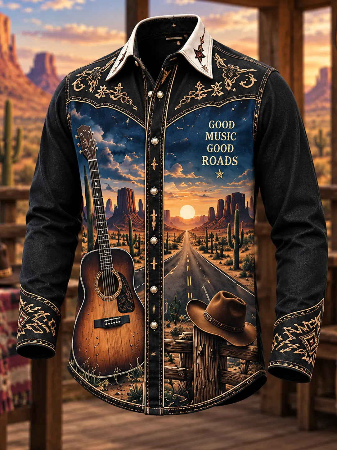 Men's Western Country Music Vintage Acoustic Guitar Wooden Fence Sunset Glow Print Long Sleeve Shirt