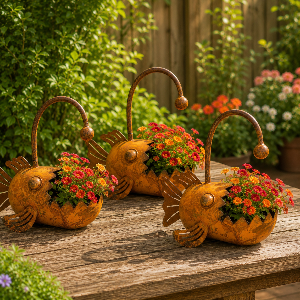 Rustic Metal Fish Planter โ Whimsical Anglerfish Flower Pot for Home, Garden & Patio Decor