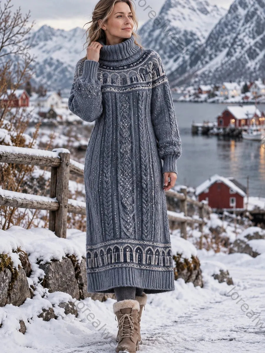 Women's Retro Nordic Diamond-Patterned Artistic High-Neck Dress