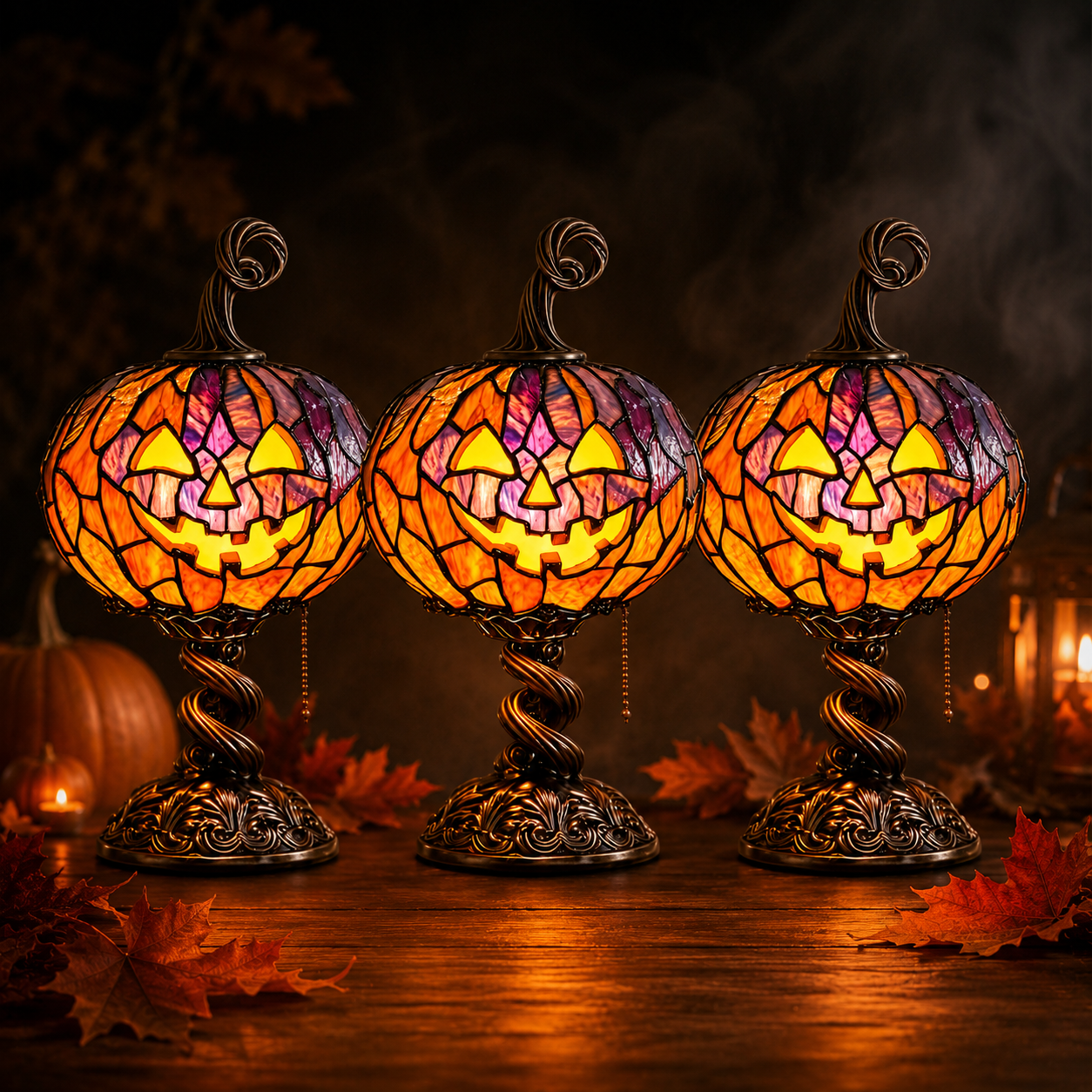 Stained Glass Pumpkin Table Lamp โ Vintage Halloween Jack-Oโ-Lantern Night Light