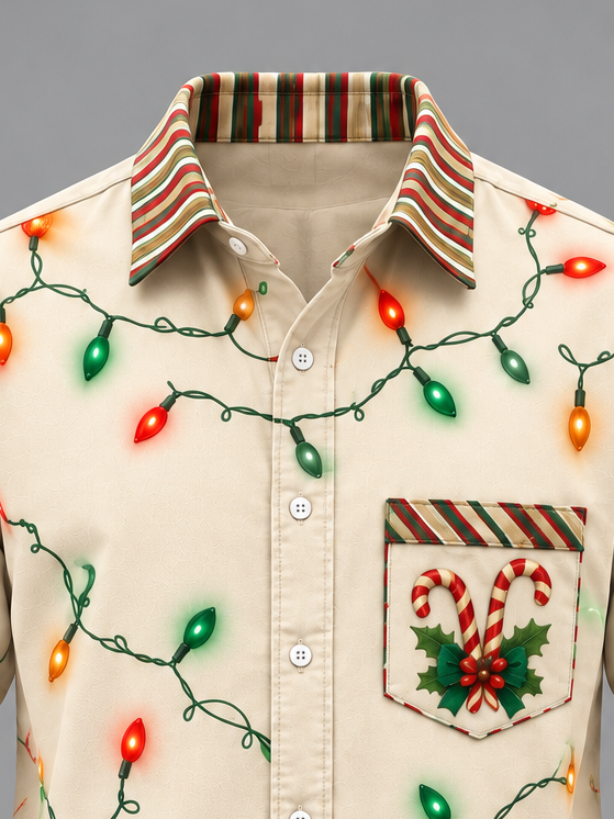 Moisture-Wicking Christmas Lights & Candy Cane Chest Pocket Long-Sleeve Casual Shirt