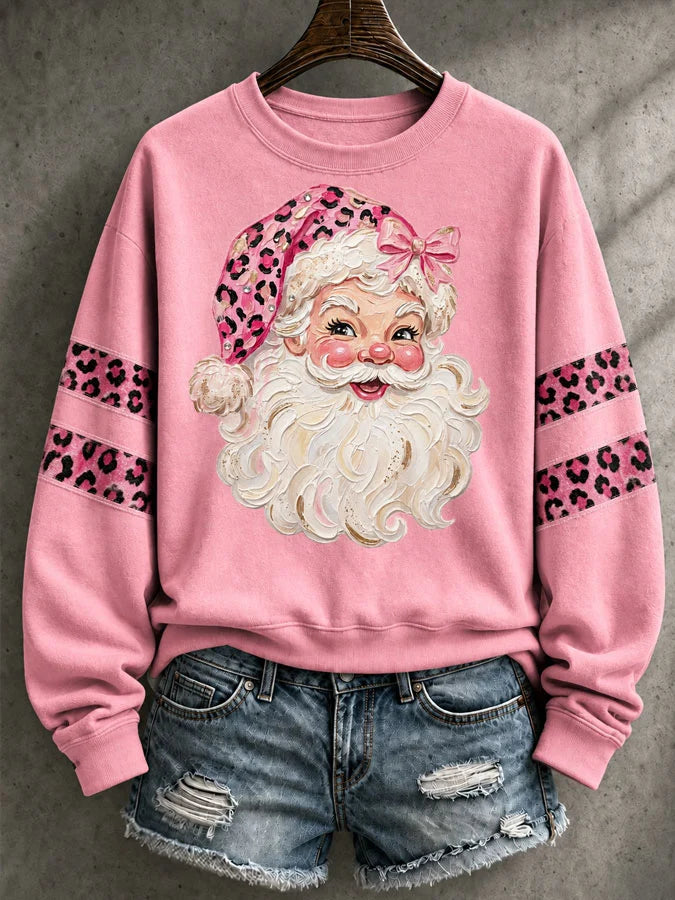 Women's Christmas Leopard-Print Santa Graphic Long-Sleeve Sweatshirt