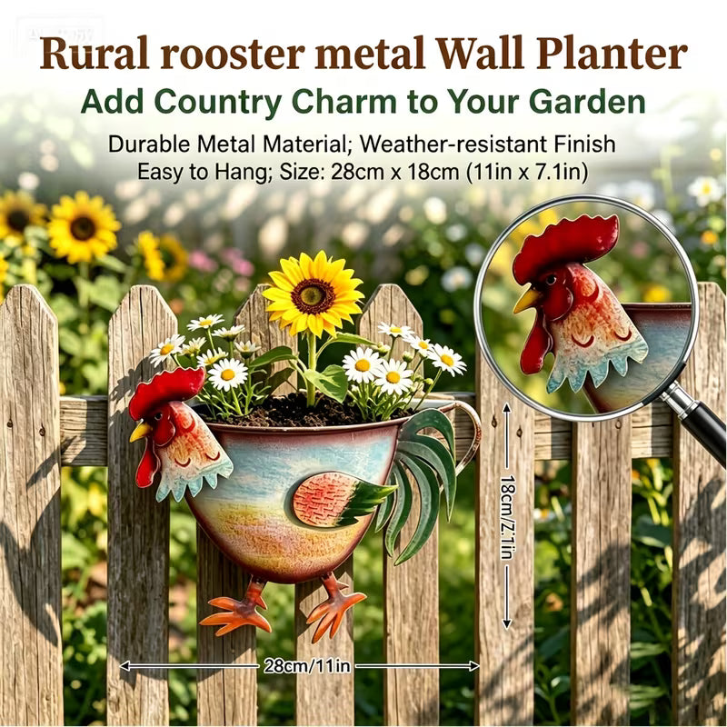 Rustic Farm Animal Metal Fence Planter โ Pig, Cow & Rooster Hanging Flower Pot for Garden Decor