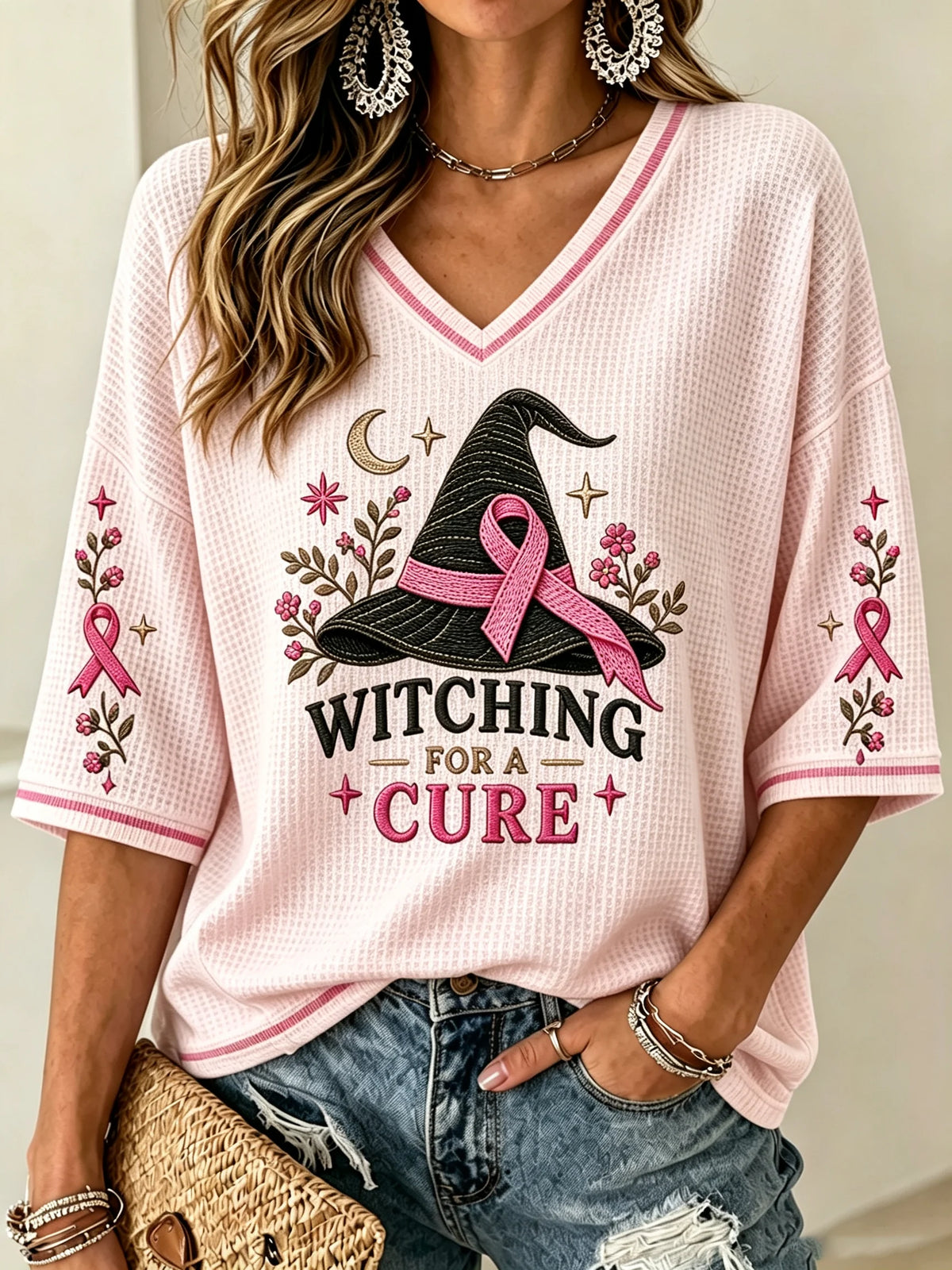 Women's Witch Cat Print Waffle-Knit Top