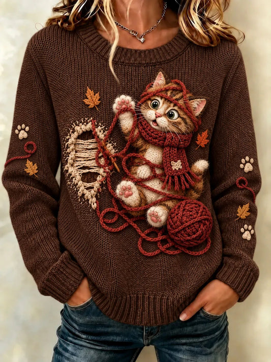 Women's Cute Kitten Yarn Ball Graphic Sweater