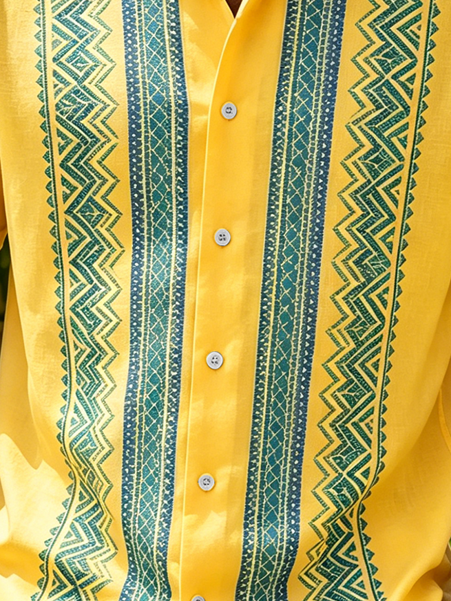 Linen-Texture Abstract Striped Chest Pocket Casual Guayabera Shirt