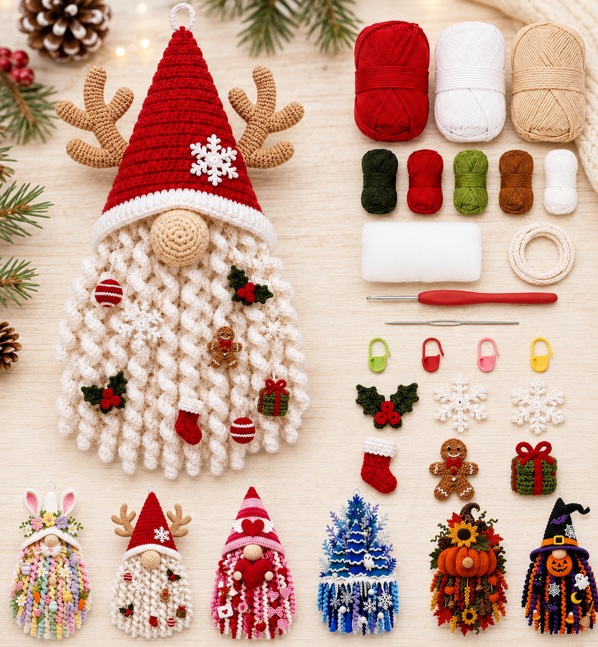 3D DIY Crochet Christmas Door Hanger Kit - Handmade Winter Tree Holiday Decor