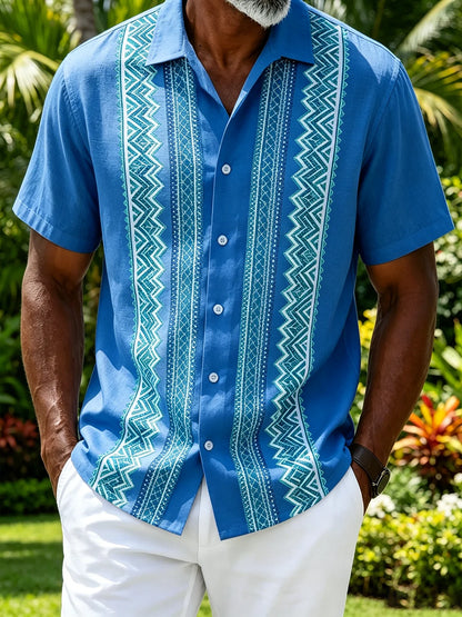 Linen-Texture Abstract Striped Chest Pocket Casual Guayabera Shirt