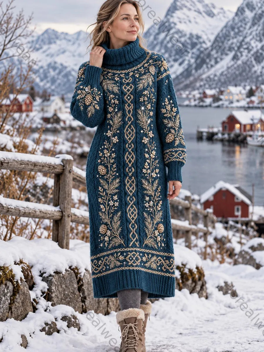 Women's Retro Nordic Forest Botanical Print High-Neck Dress