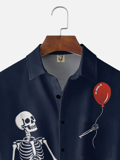 Moisture-wicking Halloween Skeleton Chest Pocket Casual Shirt
