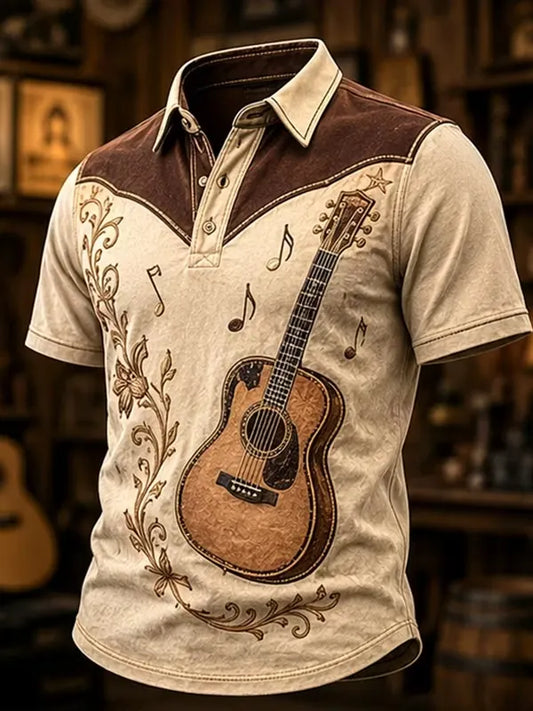 Men's Vintage Western Acoustic Guitar Surrounded By Musical Notes Print Polo Shirt