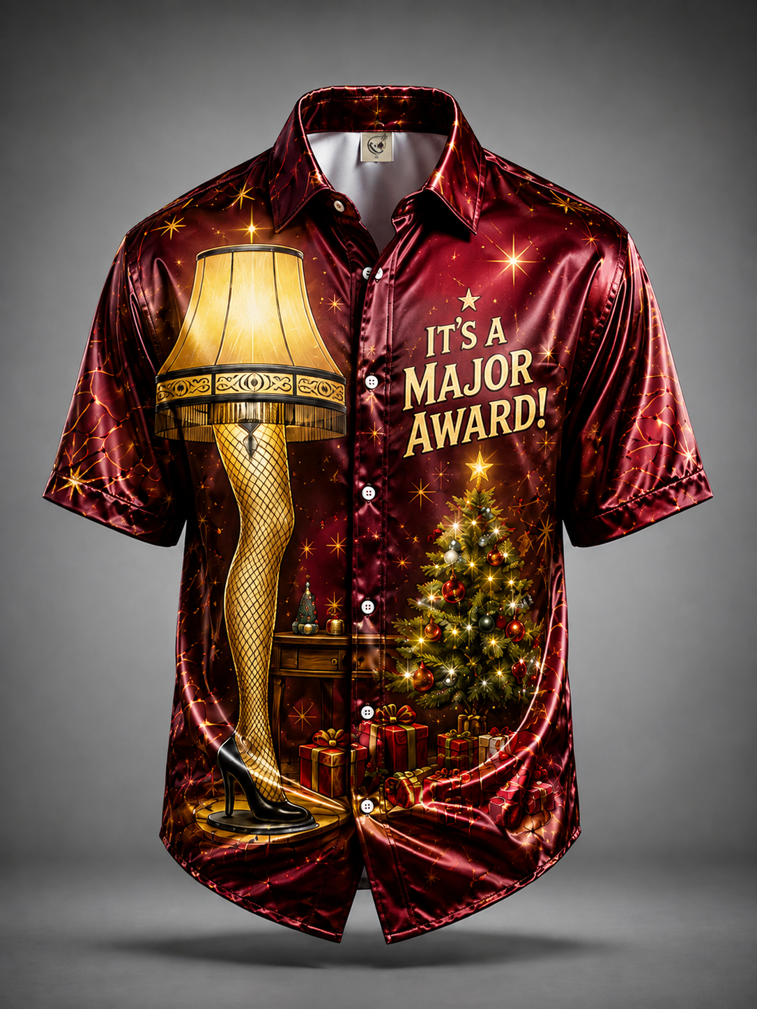 Breathable Silk Satin Christmas Leg Lamp Chest Pocket Hawaiian Shirt