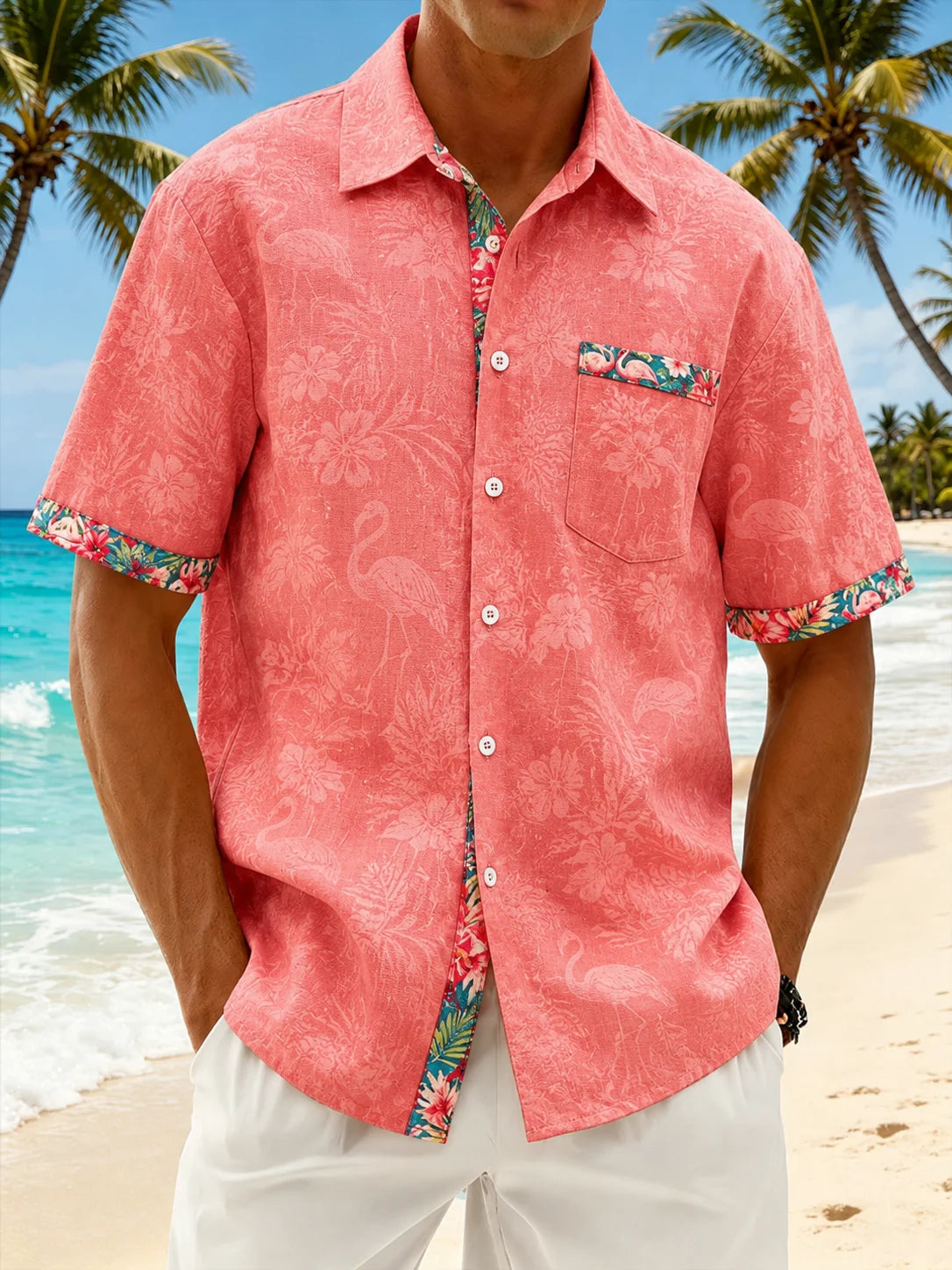 Linen-Texture Tropical Leaf  Flamingo Print and Chest Pocket  Casual Shirt