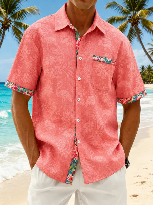 Linen-Texture Tropical Leaf  Flamingo Print and Chest Pocket  Casual Shirt