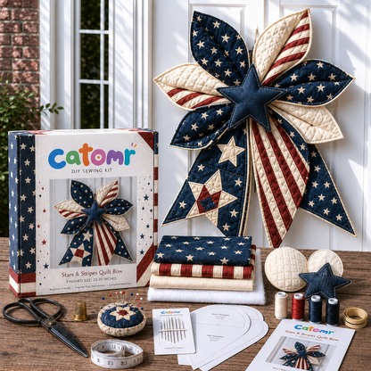 DIY Patriotic Patchwork Bow Sewing Kit – Quilted American Flag Door Hanging Craft