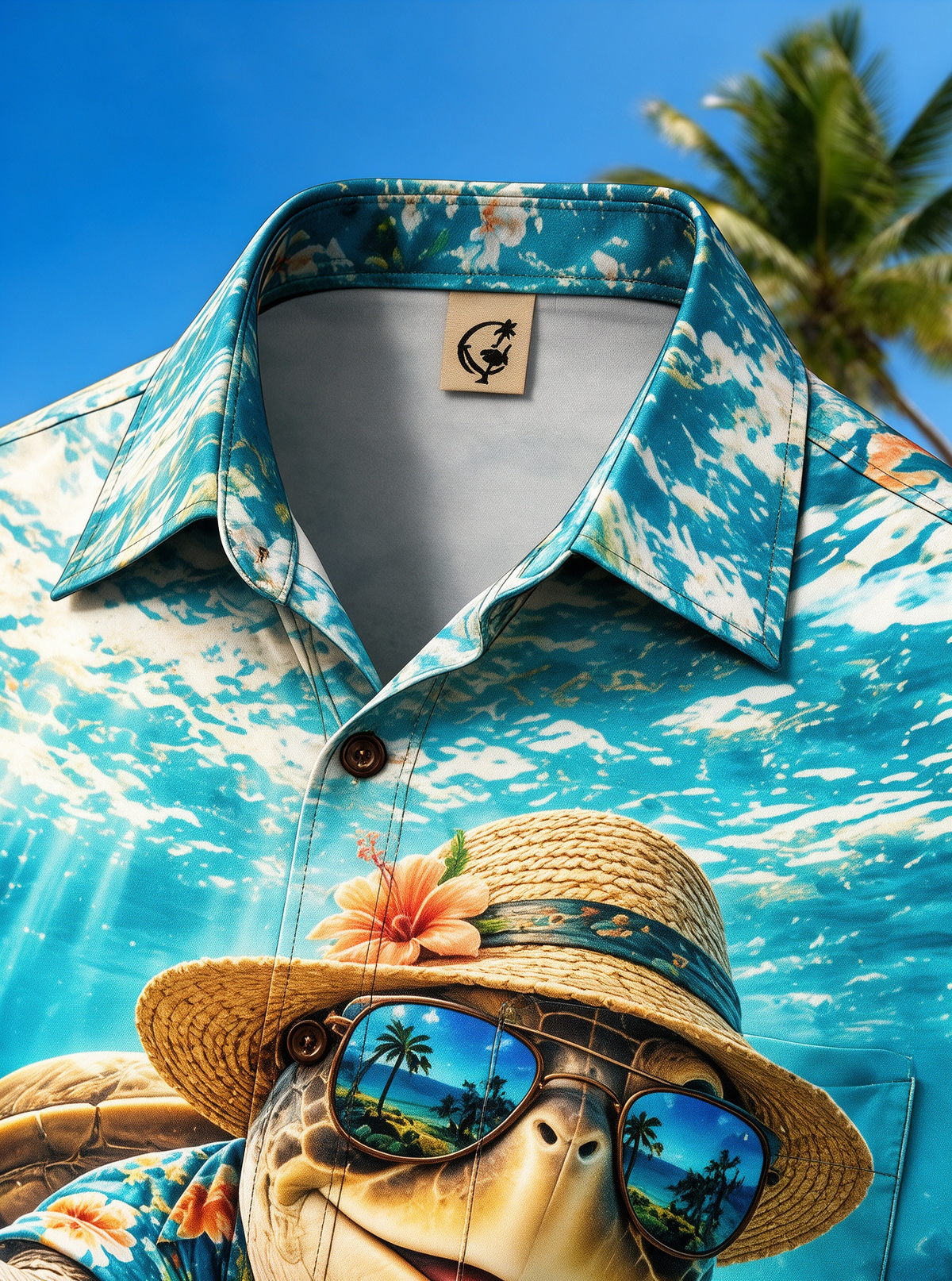 Moisture-Wicking Funny Sea Turtle Straw Hat Sunglasses Underwater Coral Reef Tropical Fish Chest Pocket Hawaiian Shirt