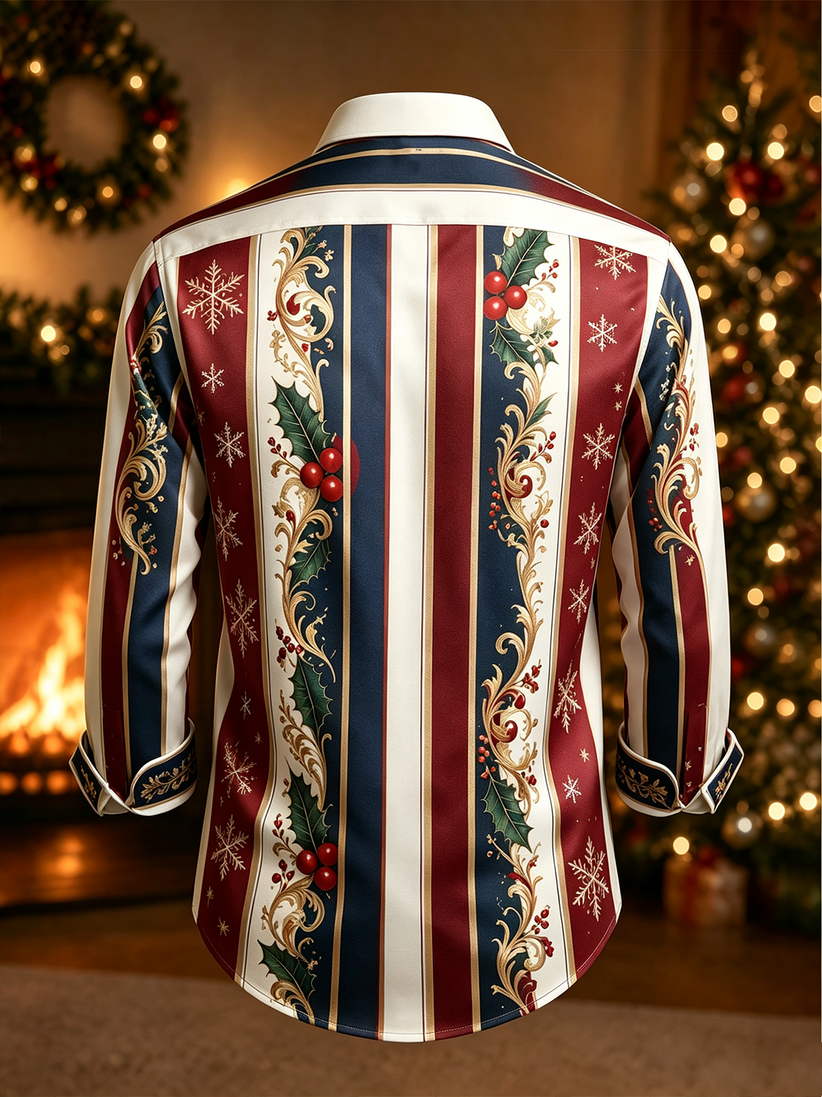 Moisture-Wicking Christmas-Themed Striped Trim and Chest Pocket  Long-Sleeve Casual Shirt