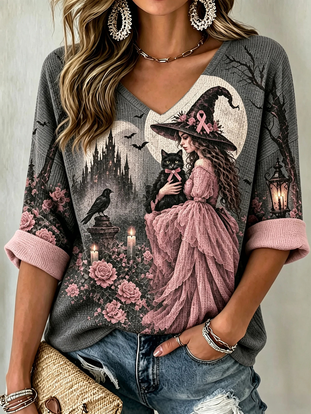 Women's Pink Witch Graphic Casual Top