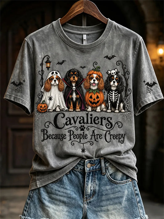 Women's Cavaliers Because People Are Creepy Halloween Dogs Print short-sleeved T-shirt