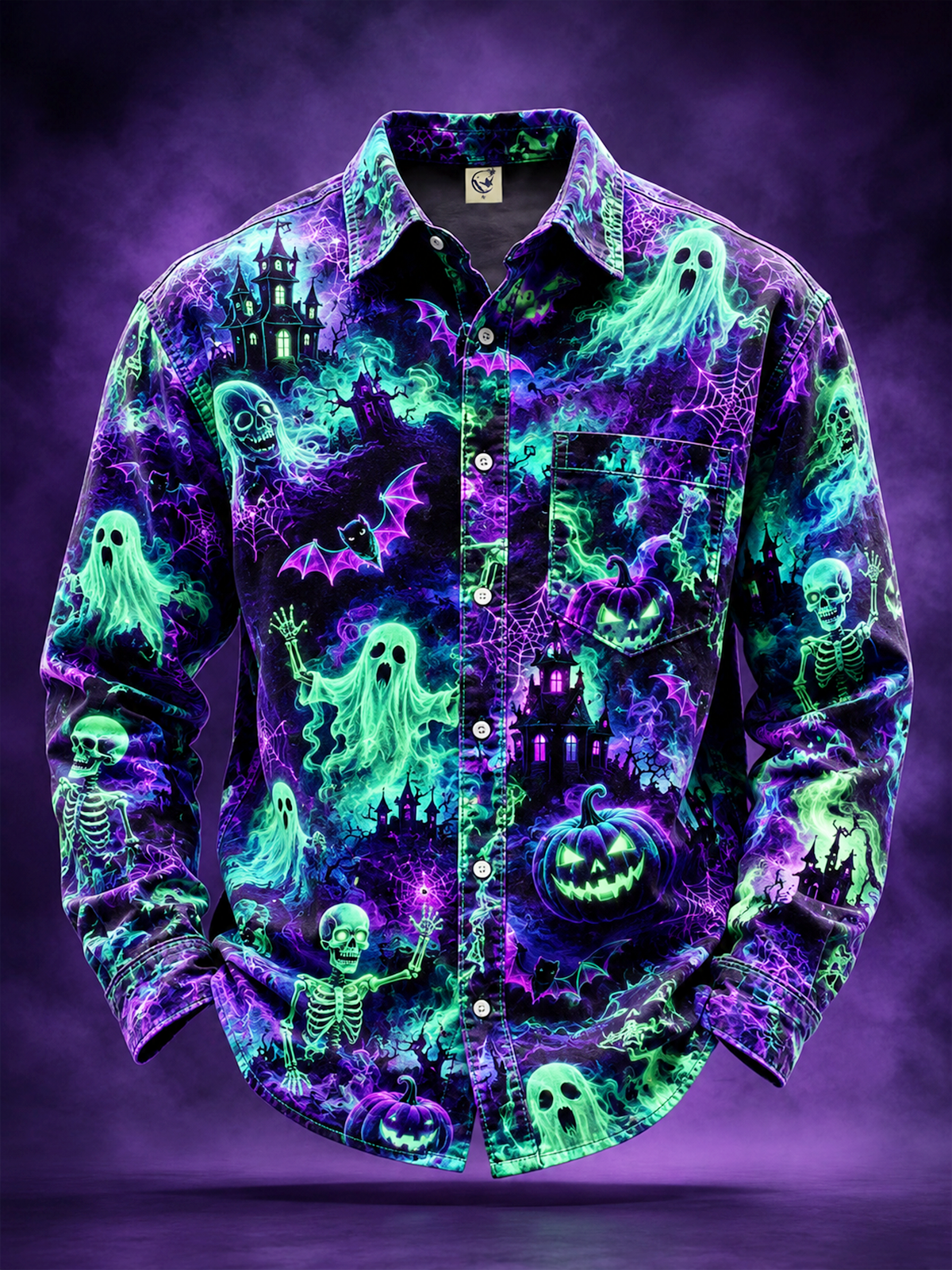 Moisture-Wicking Halloween Castle Pumpkin Ghost Bat Chest Pocket Long-Sleeve Casual Shirt