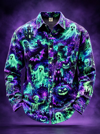 Moisture-Wicking Halloween Castle Pumpkin Ghost Bat Chest Pocket Long-Sleeve Casual Shirt