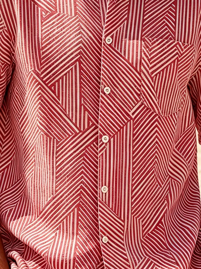 Linen-Texture Geometric Stripe Chest Pocket Holiday Hawaiian Shirt