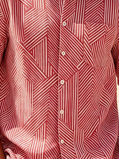 Linen-Texture Geometric Stripe Chest Pocket Holiday Hawaiian Shirt