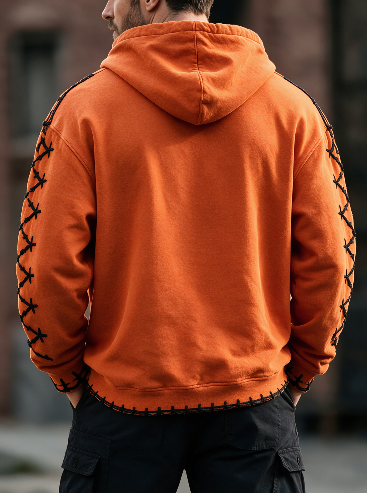 Halloween Stitched Pumpkin Face Cross‑Stitch Gothic Kangaroo-Pocket Hoodie Sweatshirt