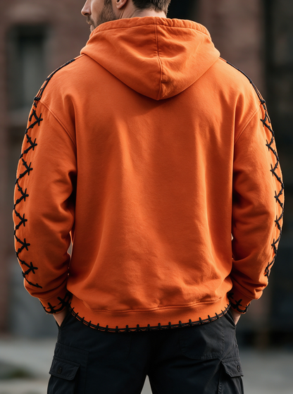 Halloween Stitched Pumpkin Face Cross‑Stitch Gothic Kangaroo-Pocket Hoodie Sweatshirt