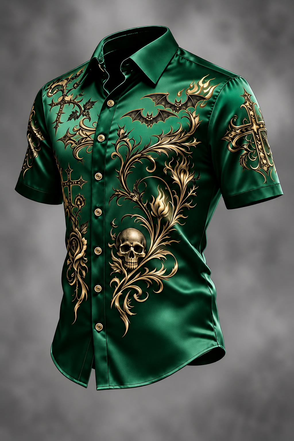 Breathable Silk Satin  Subtle Bat Pattern Halloween Style Casual Shirt