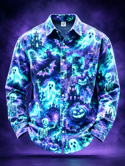 Moisture-Wicking Halloween Castle Pumpkin Ghost Bat Chest Pocket Long-Sleeve Casual Shirt