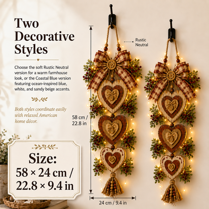 Lighted Rustic Heart Christmas Wall Hanging – Farmhouse Plaid Bow Door Decor