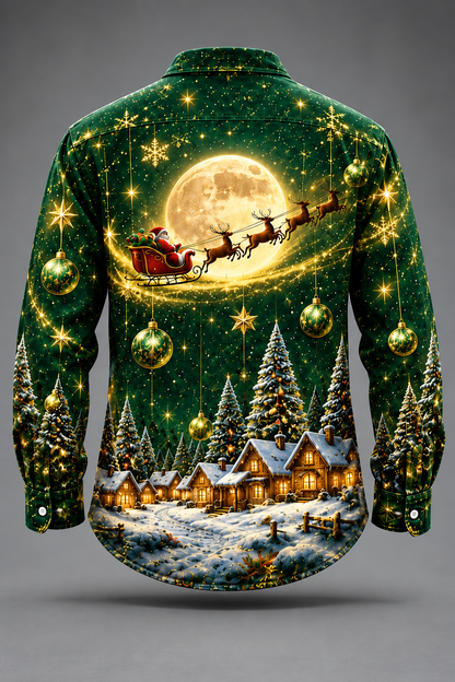 Moisture-Wicking  Christmas Santa Reindeer Tree  Chest Pocket Long-Sleeve Casual Shirt