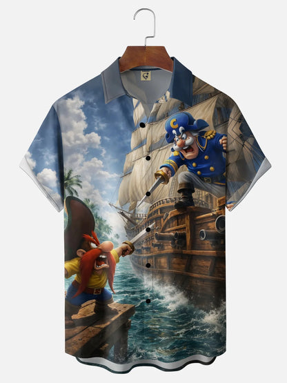 Moisture-Wicking Gradient-Color Dueling Pirates & Sailboats Design  Chest Pocket Hawaiian Shirt