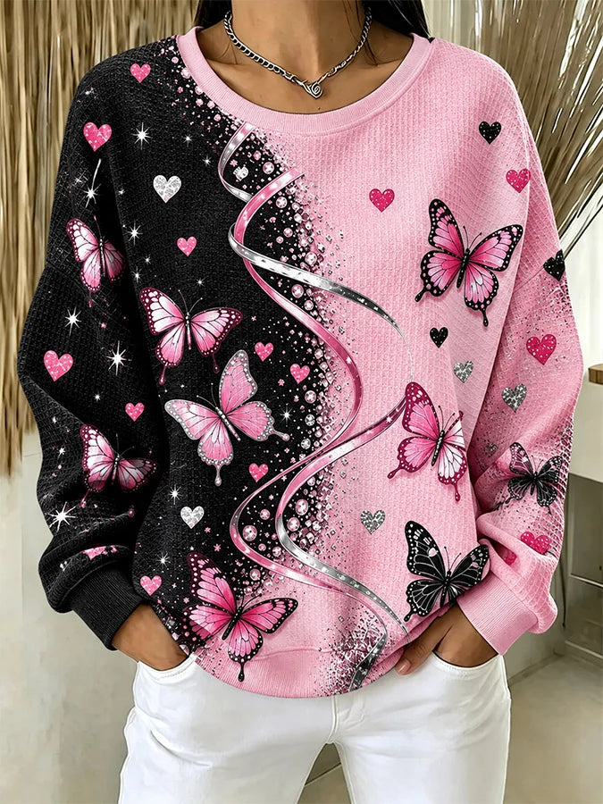 Women's Casual Printed Waffle Long-Sleeve Top