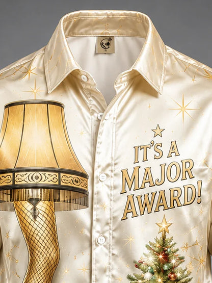 Breathable Silk Satin Christmas Leg Lamp Chest Pocket Hawaiian Shirt