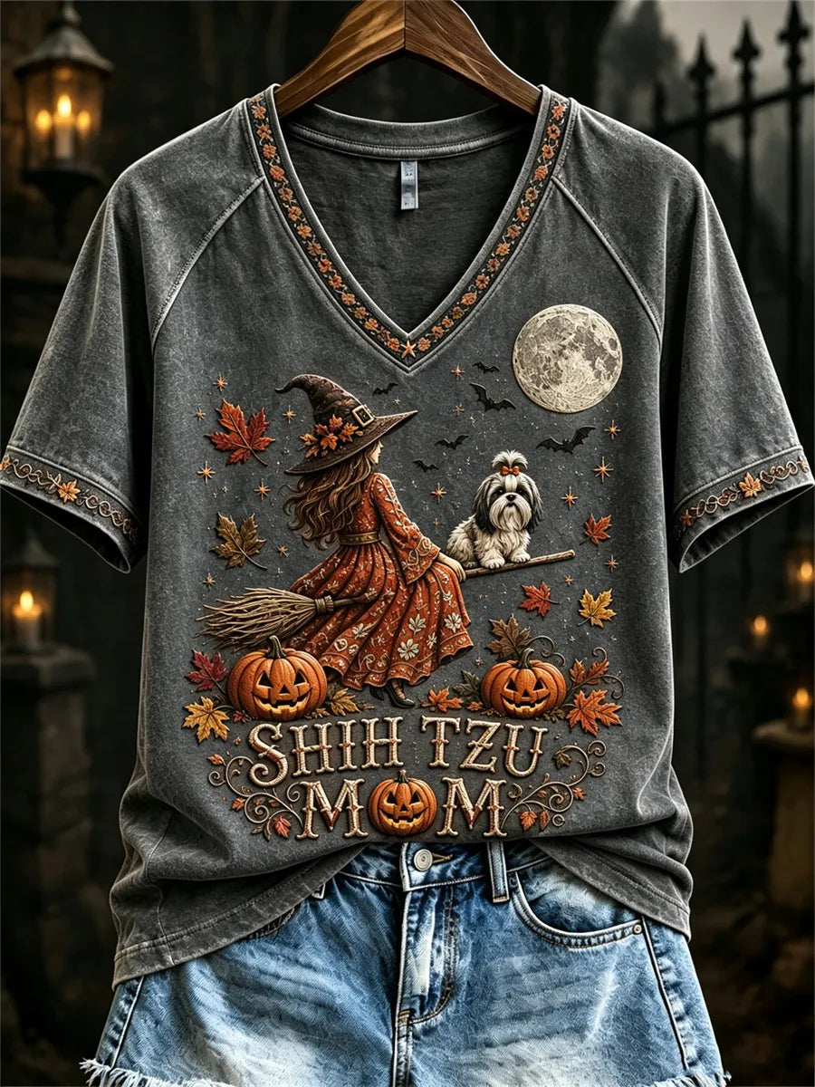Women's Halloween Fall Shih Tzu Mom Witch & Dog Print short-sleeved T-shirt