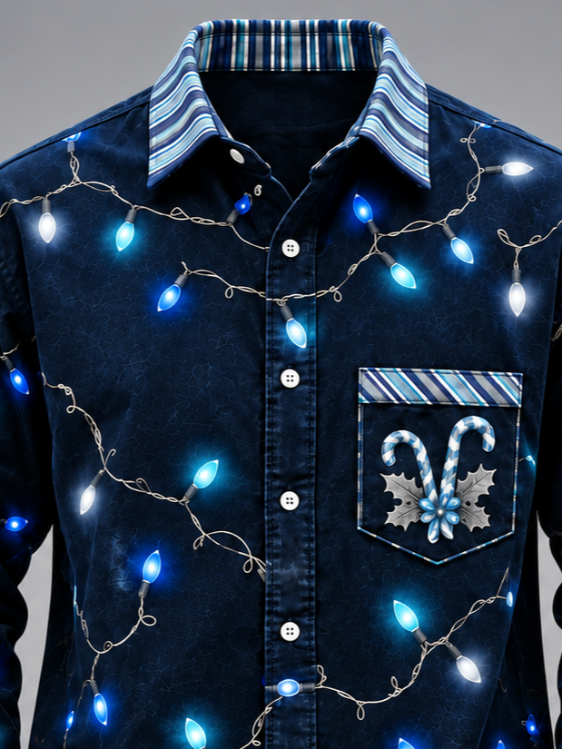Moisture-Wicking Christmas Lights & Candy Cane Chest Pocket  Long-Sleeve Casual Shirt